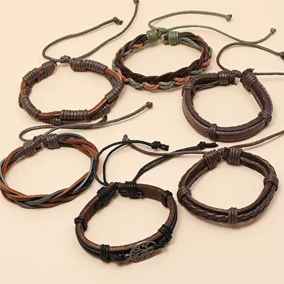 Set 6 Tree of Life Leather Braided Bracelets Unisex Adjustable Multilayer - Picture 3 of 5